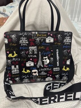 Karl Lagerfeld Black Paris Doodle Satchel with Multi-Color Accents